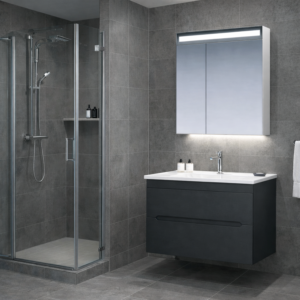 Orka Varna Banyo Dolabı Takımı, 80 cm, Mat Lake Antrasit (Ledli-Dolaplı Ayna)ORKA5000839Banyo Dolabı Takımı