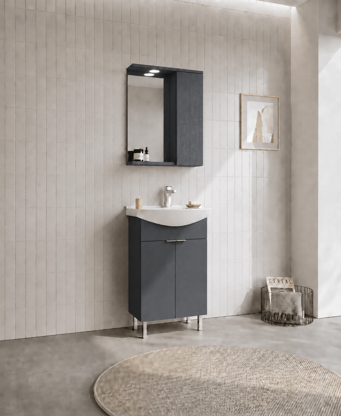 PURUS 55 TKM AYAKLI TEK KUTU M.ANTRASITORKA5008436Banyo Dolabı Takımı