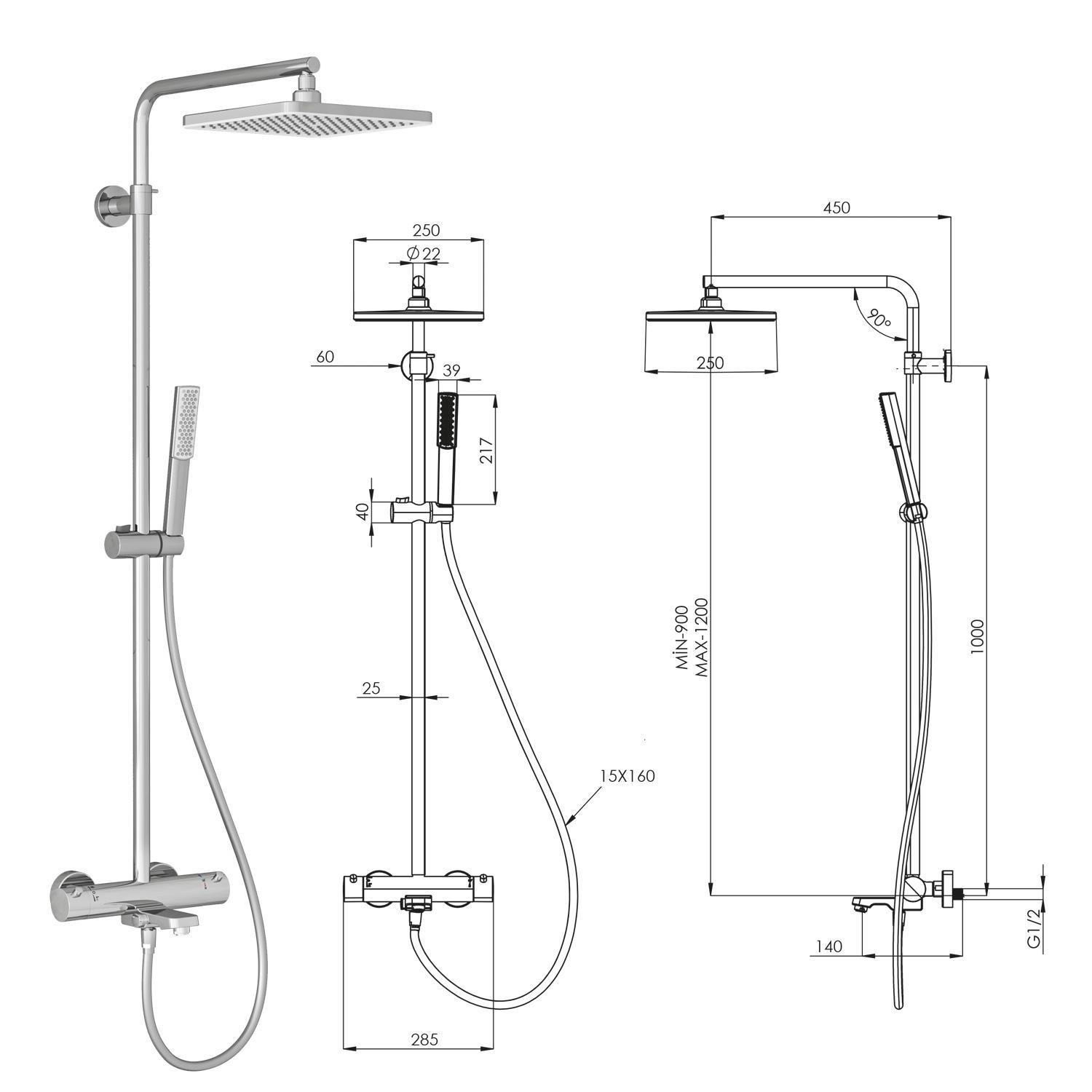 Teska Termostatik, Galaxy, Üç Yönlü, Kare, Full Siyah, DK3108TeskaDK3108Duş Kolonları