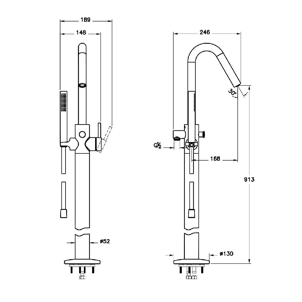 Vitra Küvet Bataryası, Origin Yerden, El Duşlu, Fırçalı Nikel, A4268134VitrAA4268134Armatür/Duş Sistemleri