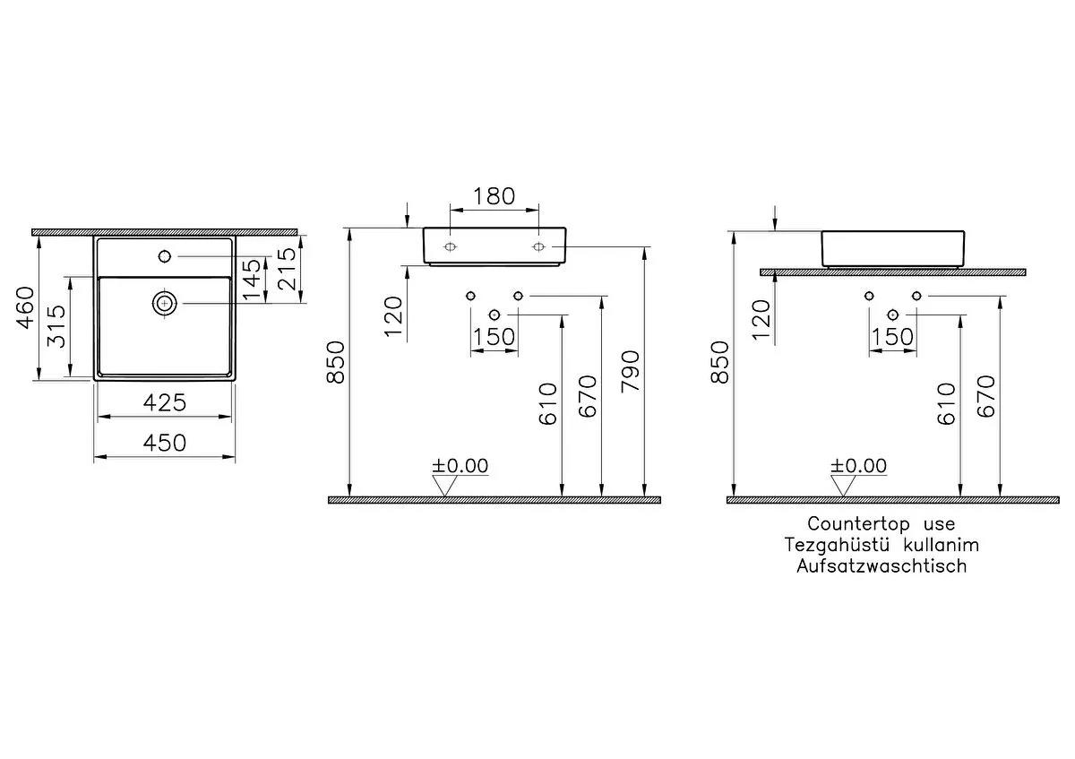 Vitra Lavabo, ArchiPlan, 45x46 cm, Mat Taş Gri, 7413B076-0001VitrA7413B076-0001Standart Lavabo