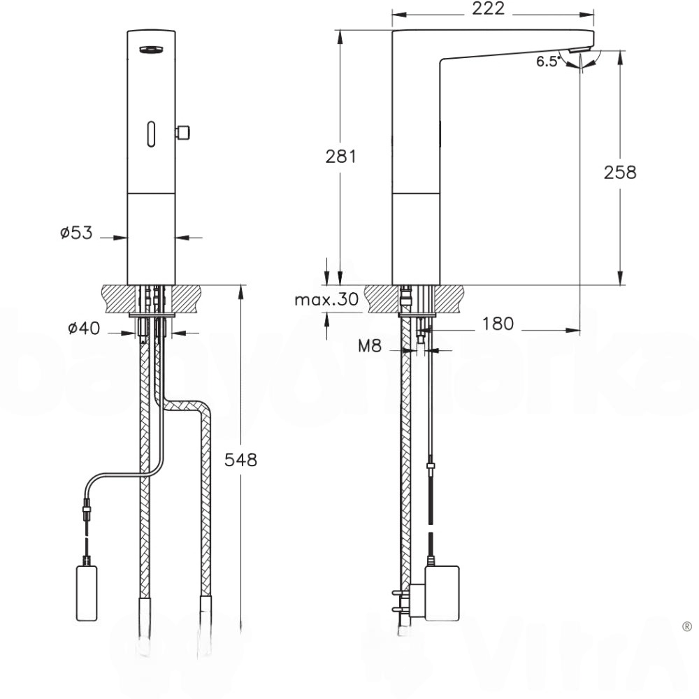 Vitra Lavabo Bataryası, AquaSee, Fotoselli, Tezgah Üstü (Çift Su girişli, Elektrikli) A47131VitrAA47131Lavabo Bataryaları