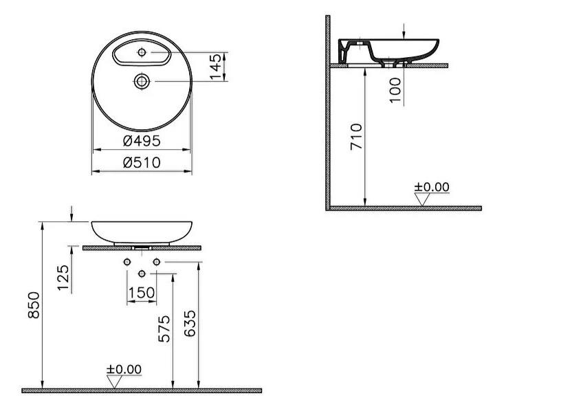 Vitra Lavabo, Memoria, Yuvarlak, Çanak, 50 cm, Mat Beyaz, 5880B401-0563  (sadece istanbul teslimat için uygundur )VitrA5880B401-0563Çanak Lavabo