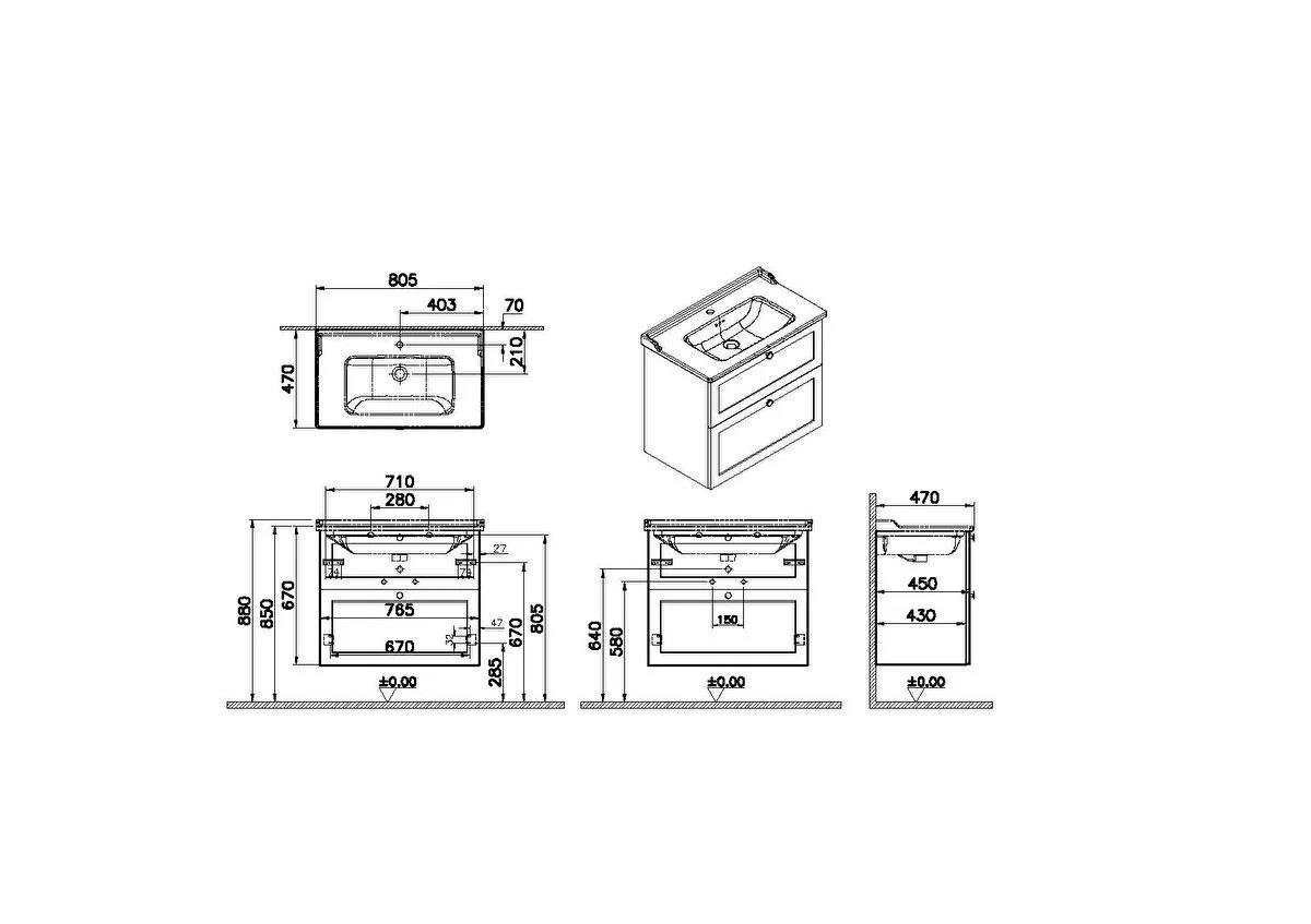 Vitra Root Classic Çift Çekmeceli Lavabo Dolabı 80 Cm Mat Beyaz (Klasik Lavabo Dahil) 68869VitrA68869Lavabo Dolabı