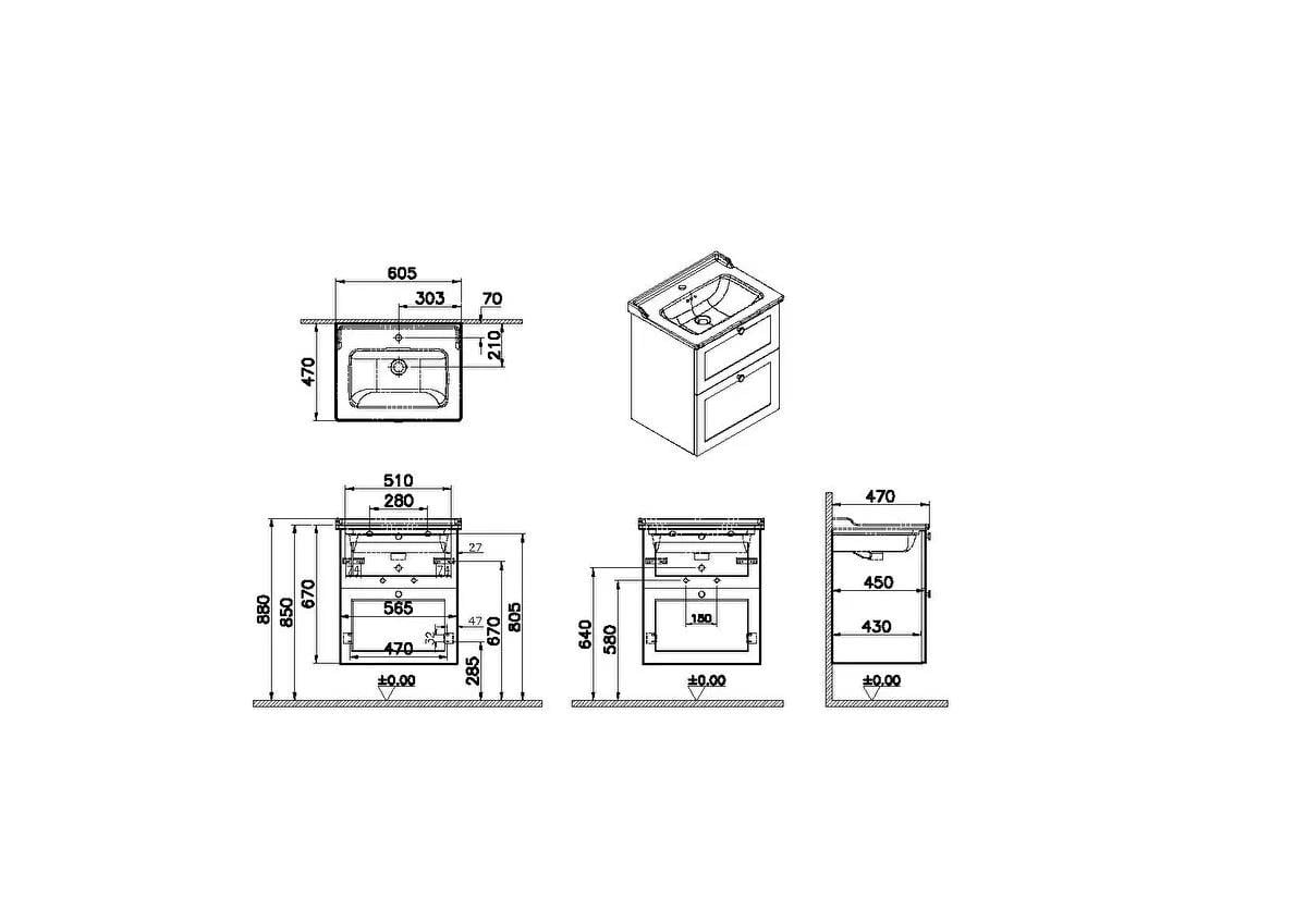 Vitra Root Classic Çift Çekmeceli Lavabo Dolabı 60 Cm Mat Beyaz (Klasik Lavabo Dahil) 68848VitrA68848Lavabo Dolabı