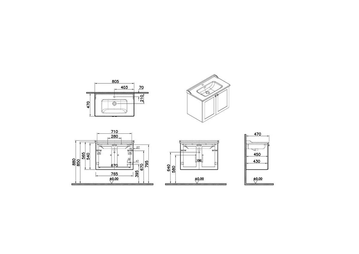 Vitra Root Classic Kapaklı Lavabo Dolabı 80 Cm Mat Lacivert (Klasik Lavabo Dahil) 68727VitrA68727Lavabo Dolabı
