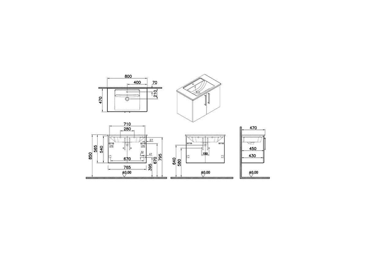 Vitra Root Flat Kapaklı Lavabo Dolabı 80 Cm Doğal Meşe (Köşeli Lavabo Dahil) 66386VitrA66386Lavabo Dolabı
