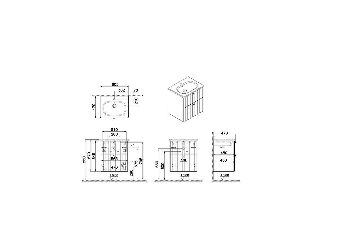 Vitra Root Groove Çift Çekmeceli Lavabo Dolabı 60 Cm Mat Lacivert (Yuvarlak Lavabo Dahil) 69420VitrA69420Lavabo Dolabı
