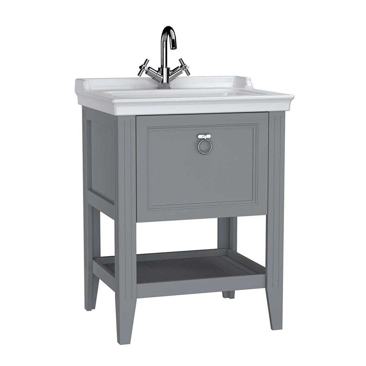 Vitra Valarte Etajerli Lavabo Dolabı Tek Çekmeceli, 65 Cm, Mat Gri (Lavabo Dahil-Krom Kulplu) 62178VitrA62178Lavabo Dolabı