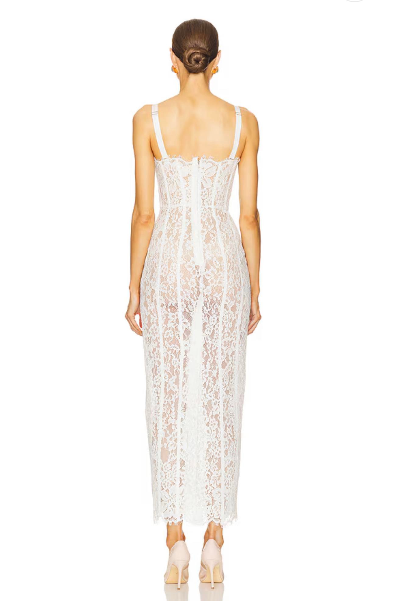 Askılı Beyaz Dantel Midi Elbise