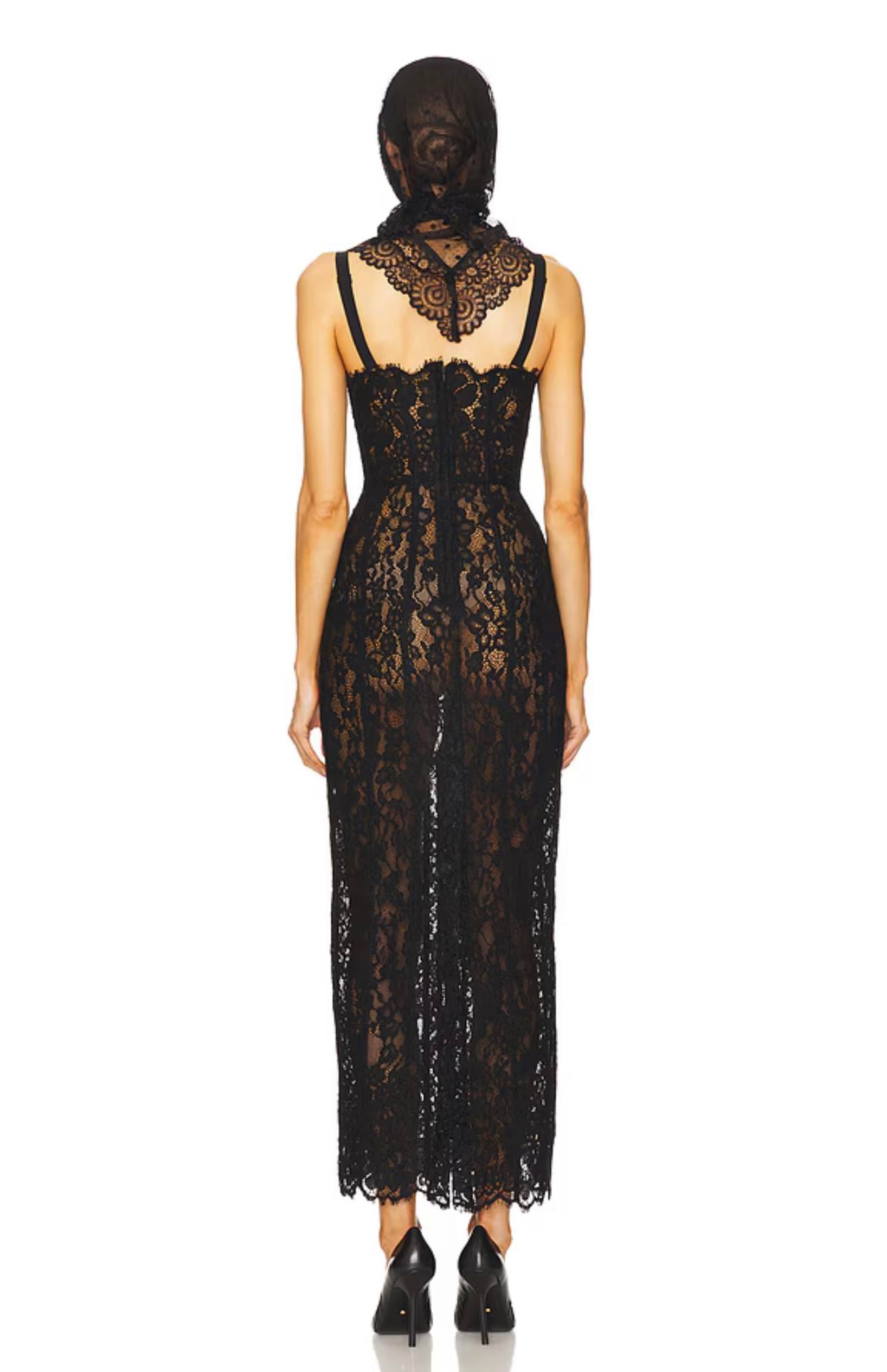 Askılı Siyah Dantel Midi Elbise