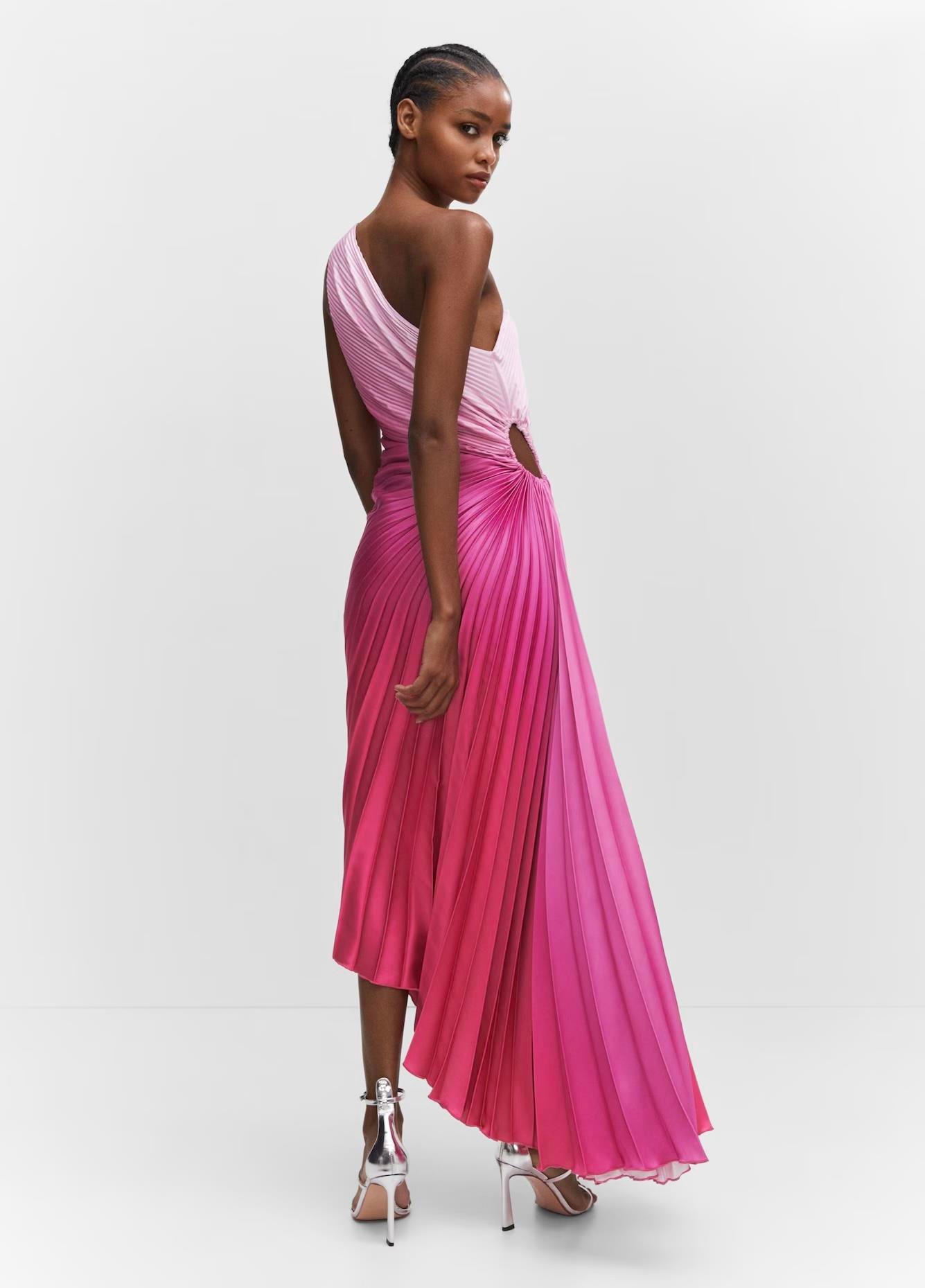 Bel Detaylı Pileli Pembe Midi Elbise