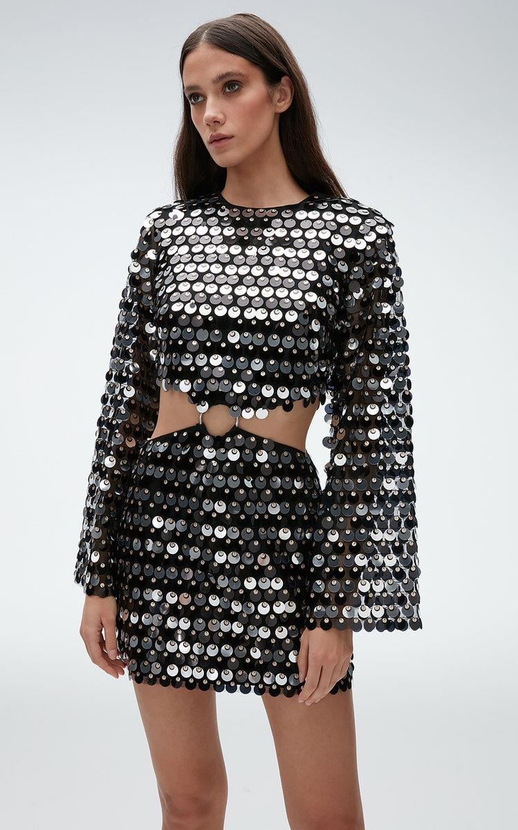 Bel Detaylı Pullu Siyah Mini Elbise