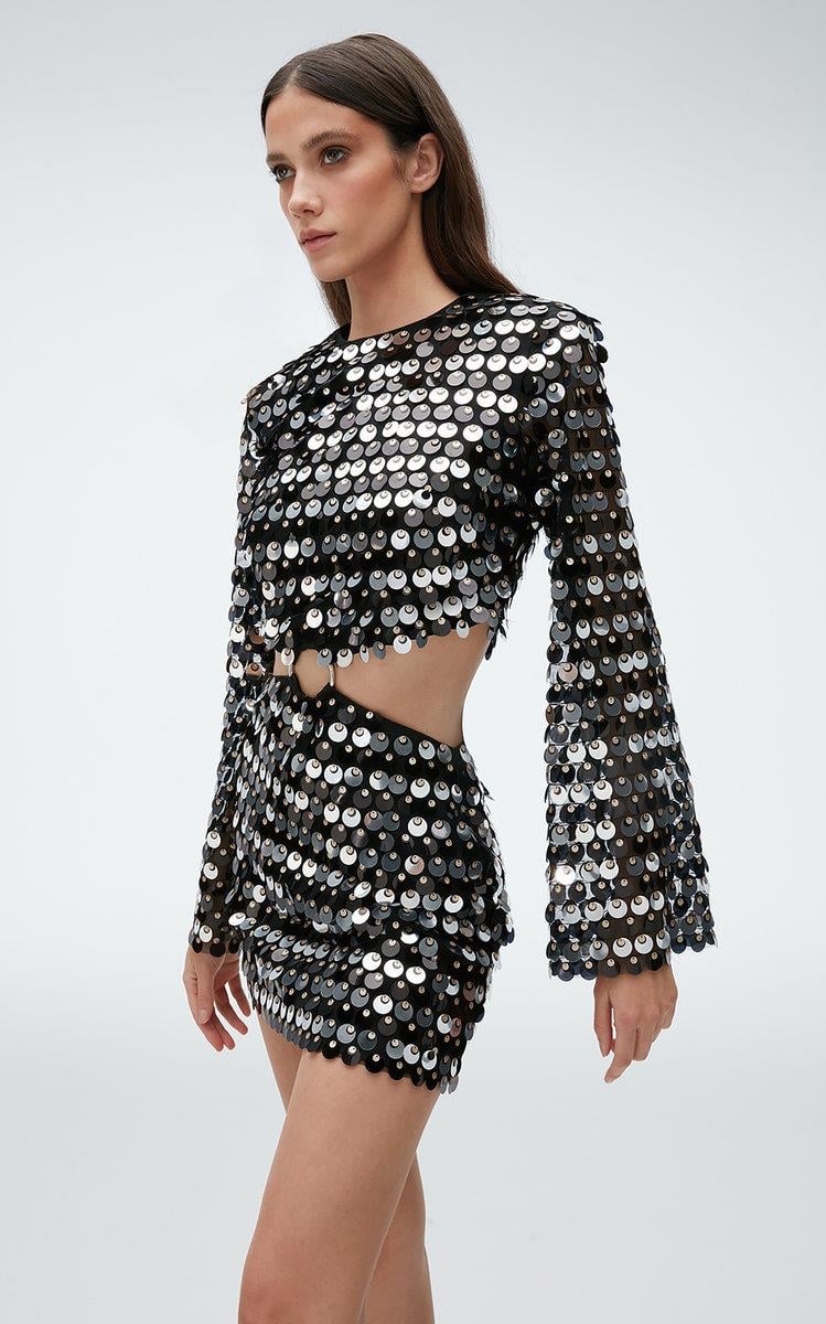 Bel Detaylı Pullu Siyah Mini Elbise