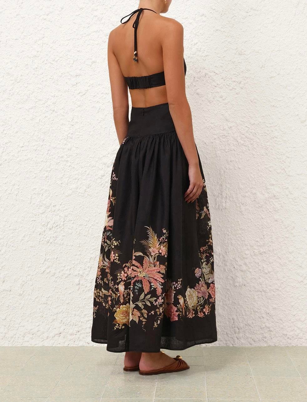 Çiçek Desenli Siyah Midi Elbise