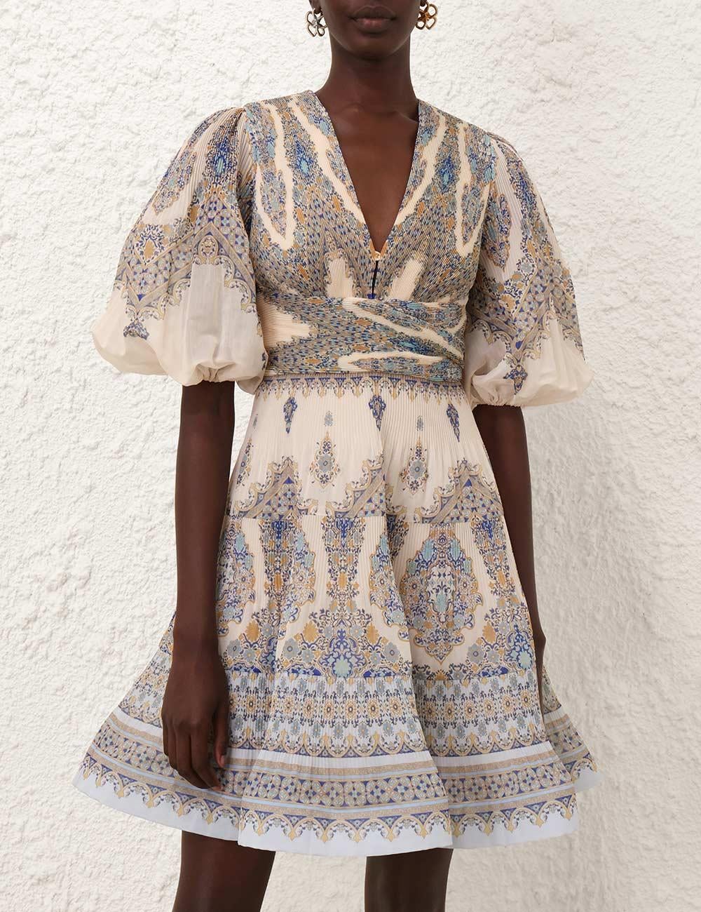 Desenli V Yaka Mini Elbise