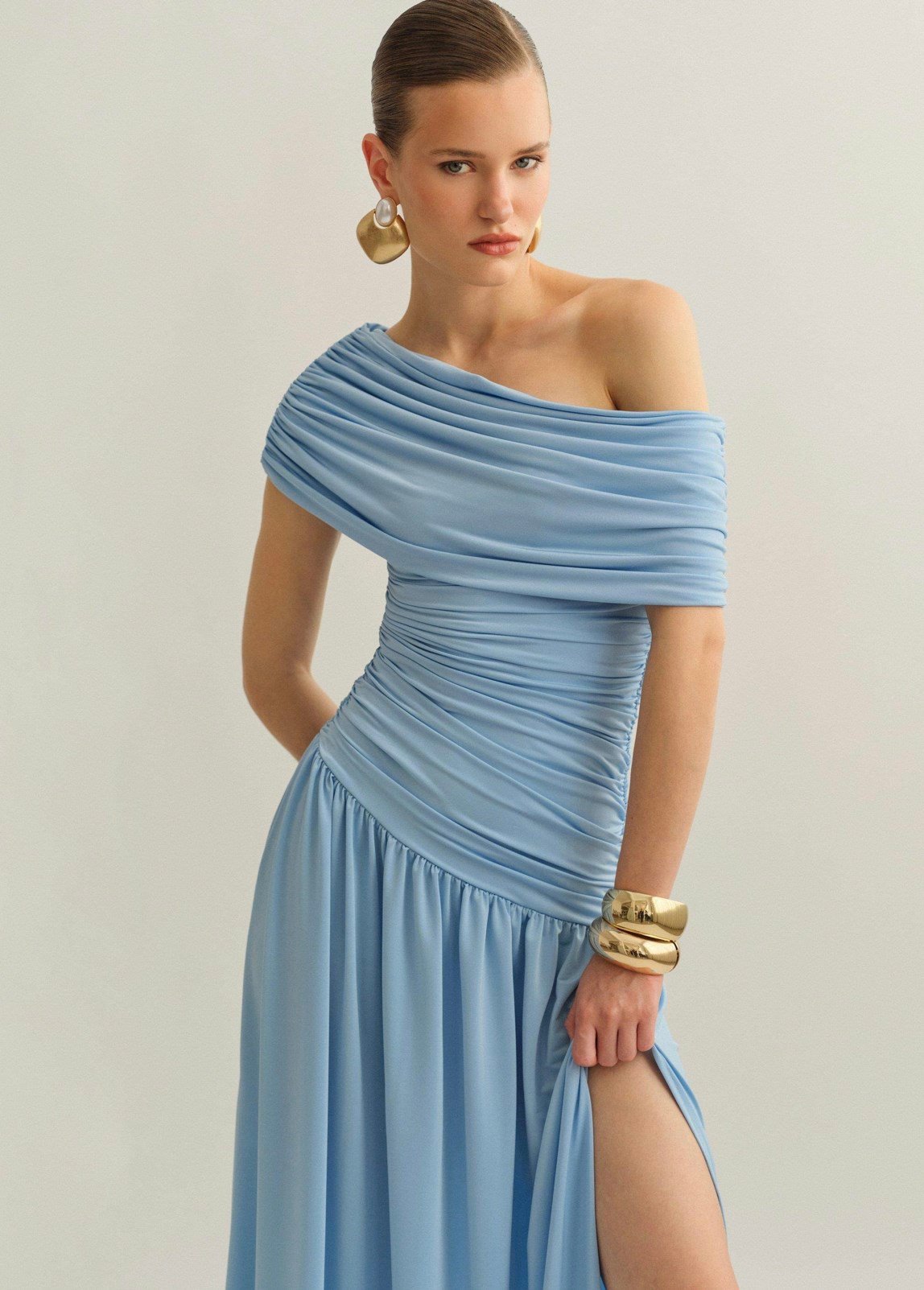 Drapeli Mavi Maksi Elbise