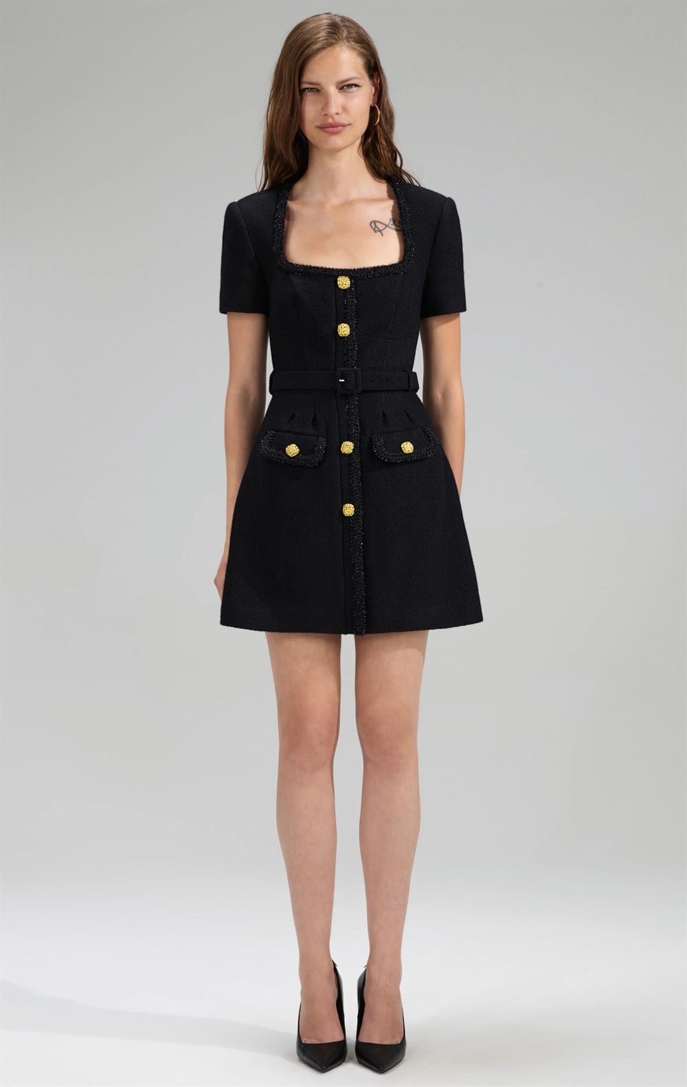 Gold Düğmeli Siyah Mini Elbise