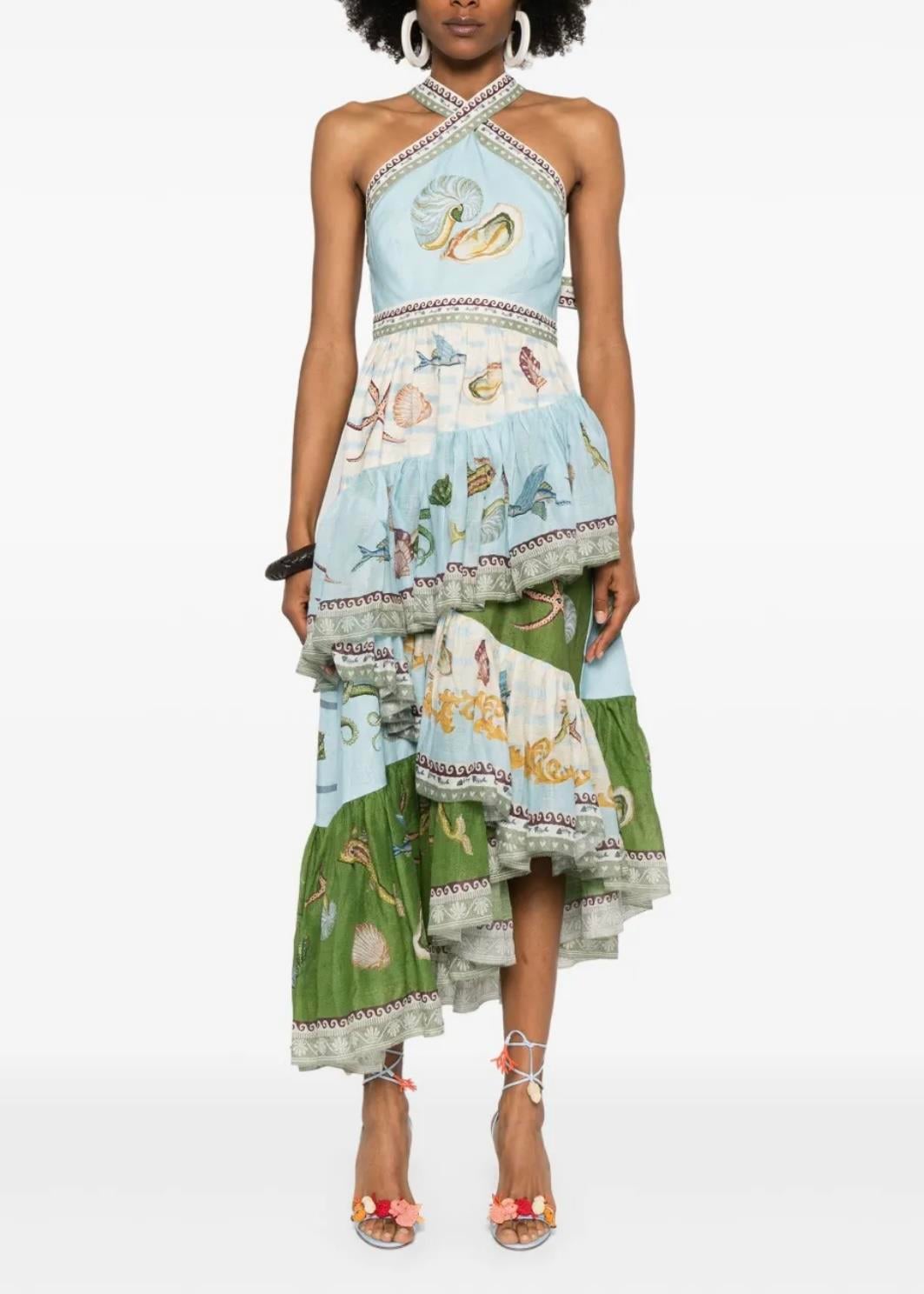 Halter Yaka Desenli Midi Elbise