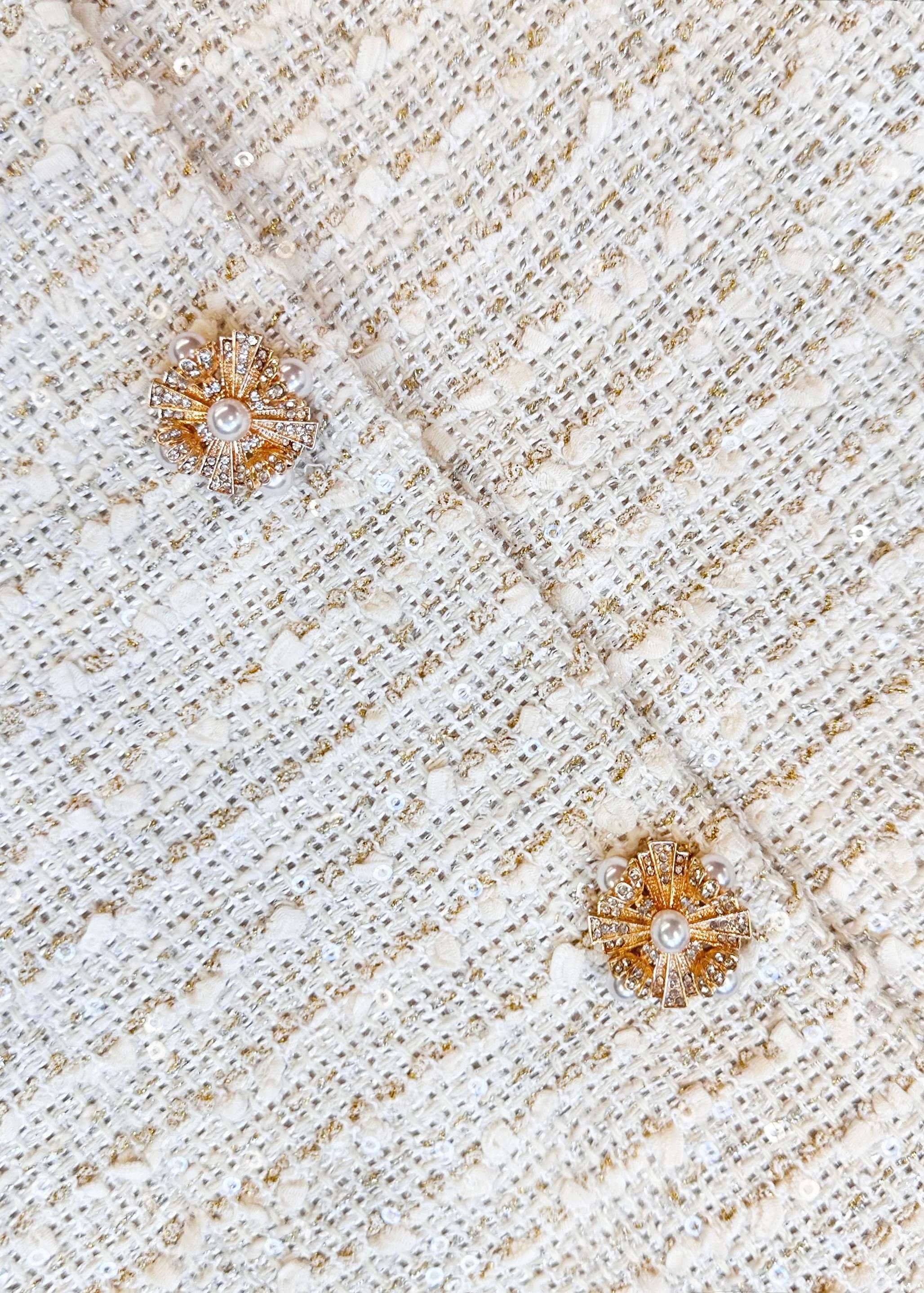 İnci Düğmeli Mini Tüvid Elbise