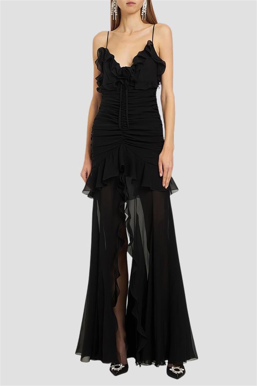 İp Askılı Yırtmaçlı Siyah Elbise