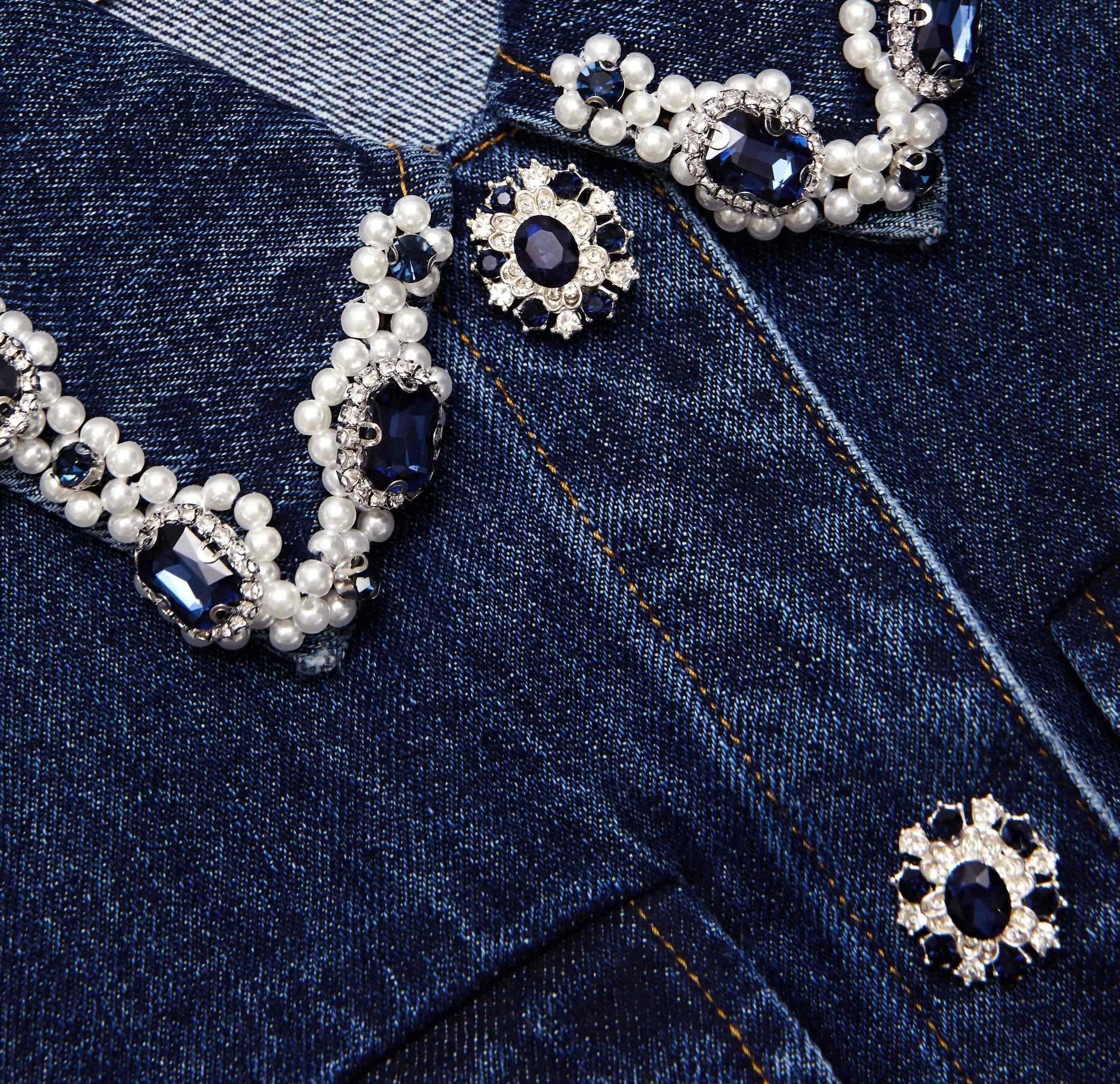 Kristal Taş Detaylı Mini Denim Elbise
