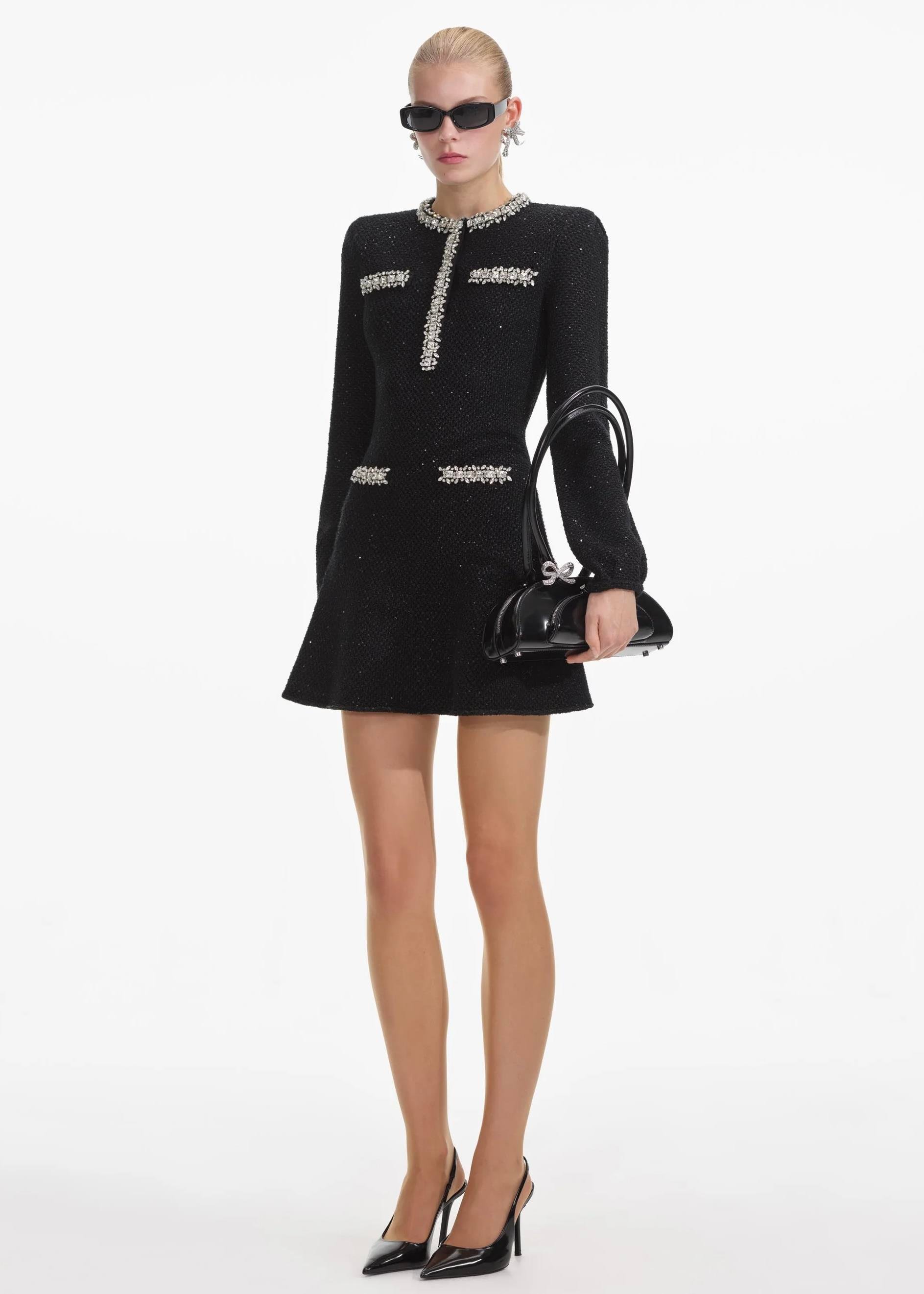 Kristal Taşlı Cepli Siyah Triko Mini Elbise