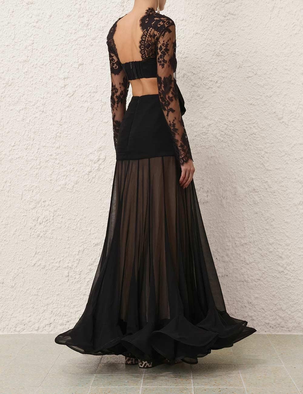 Kurdele Detaylı Dantelli Siyah Maksi Elbise