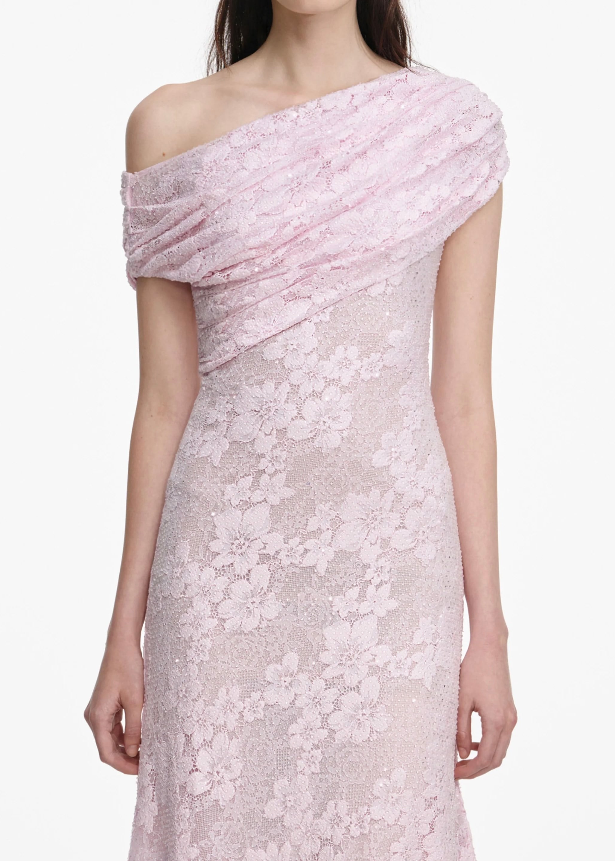 Pembe Dantel Midi Elbise