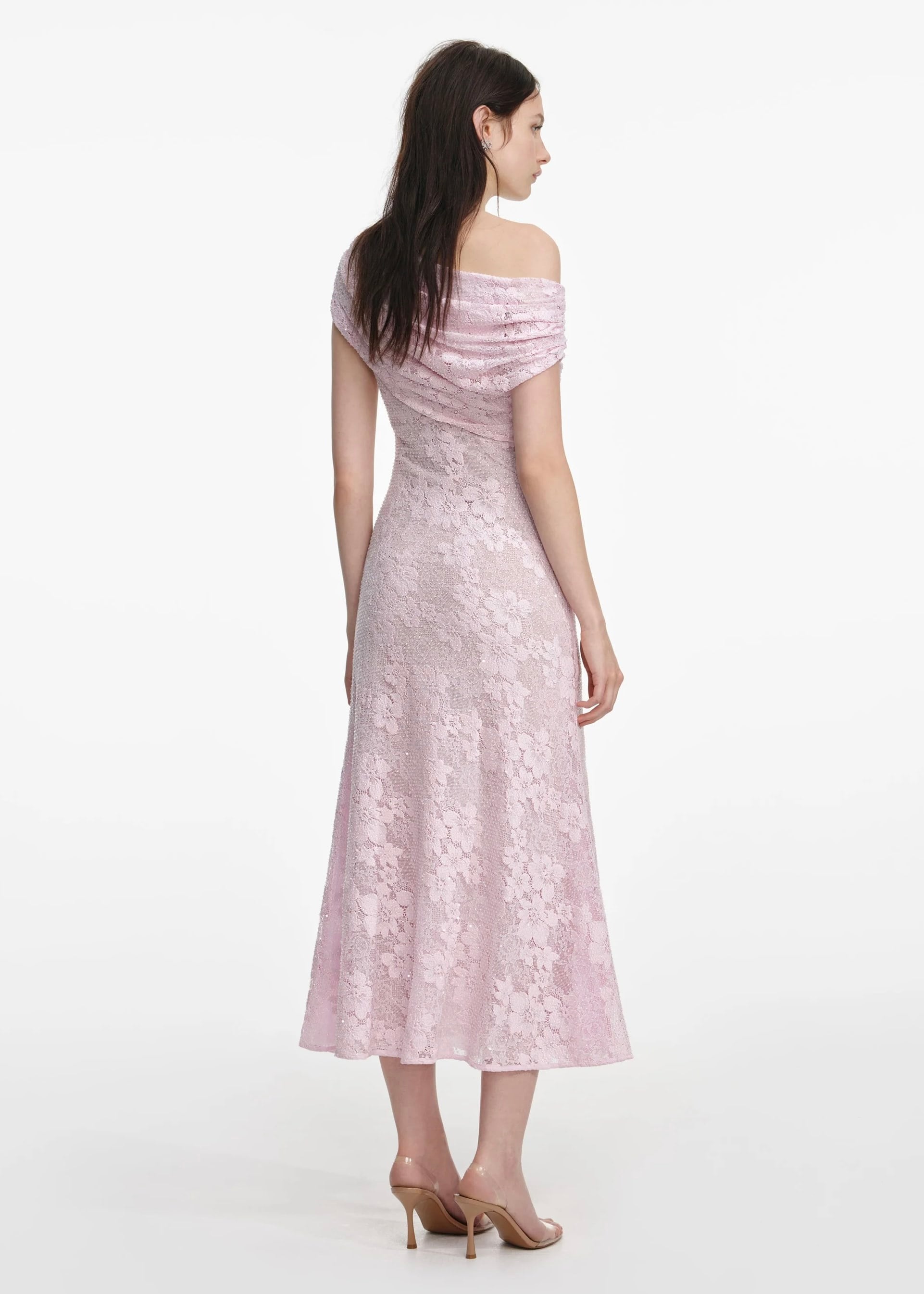 Pembe Dantel Midi Elbise