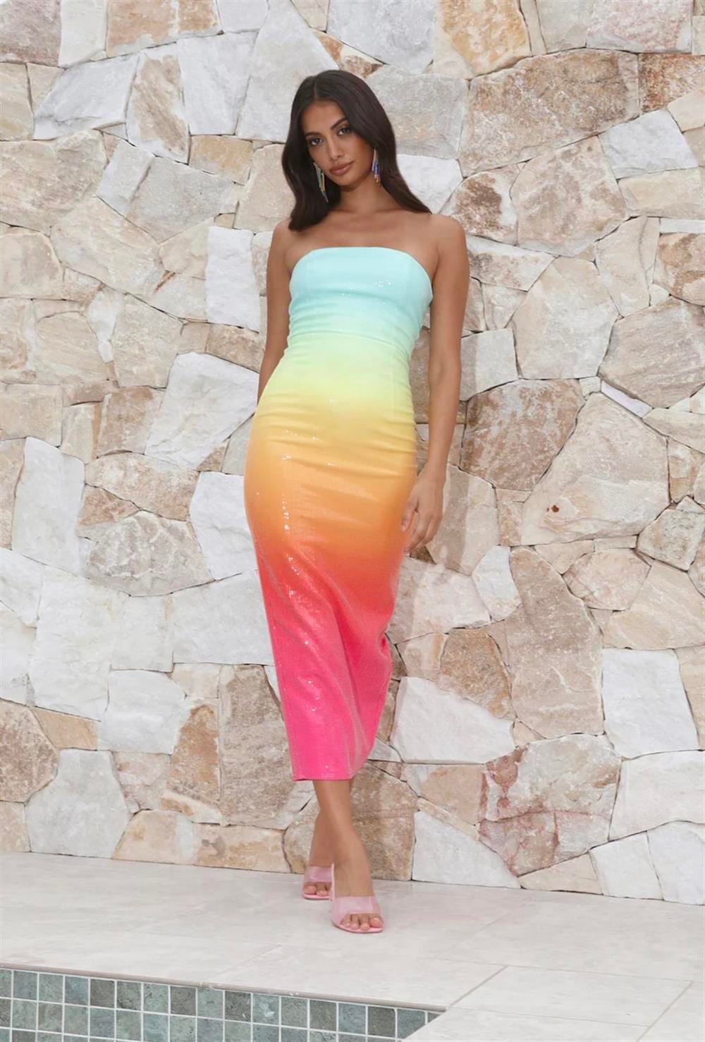 Pullu Straplez Midi Elbise