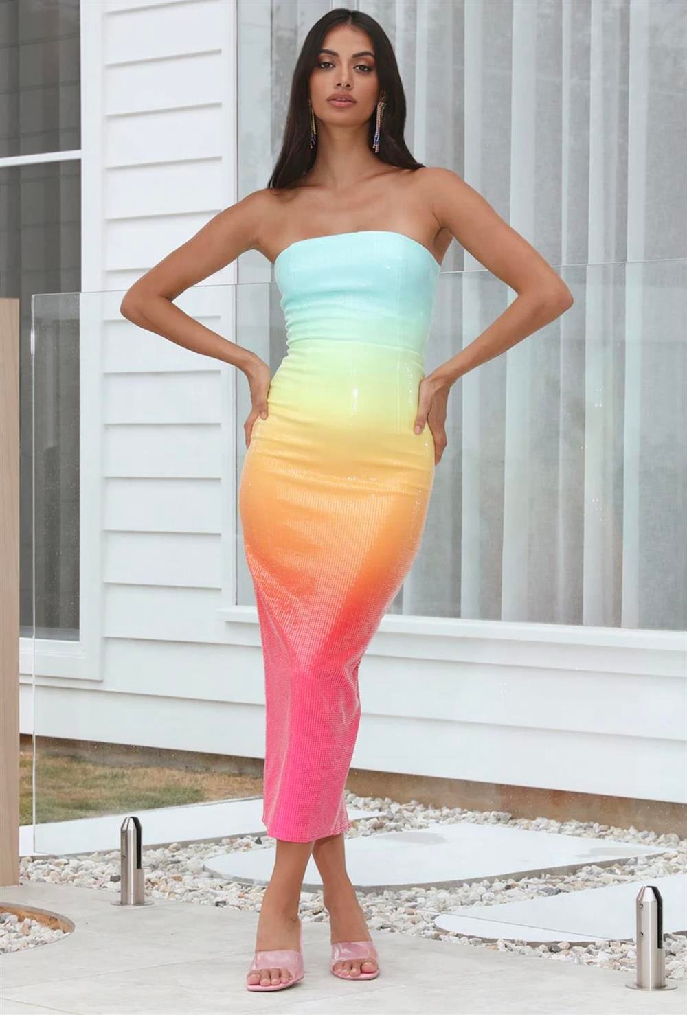 Pullu Straplez Midi Elbise