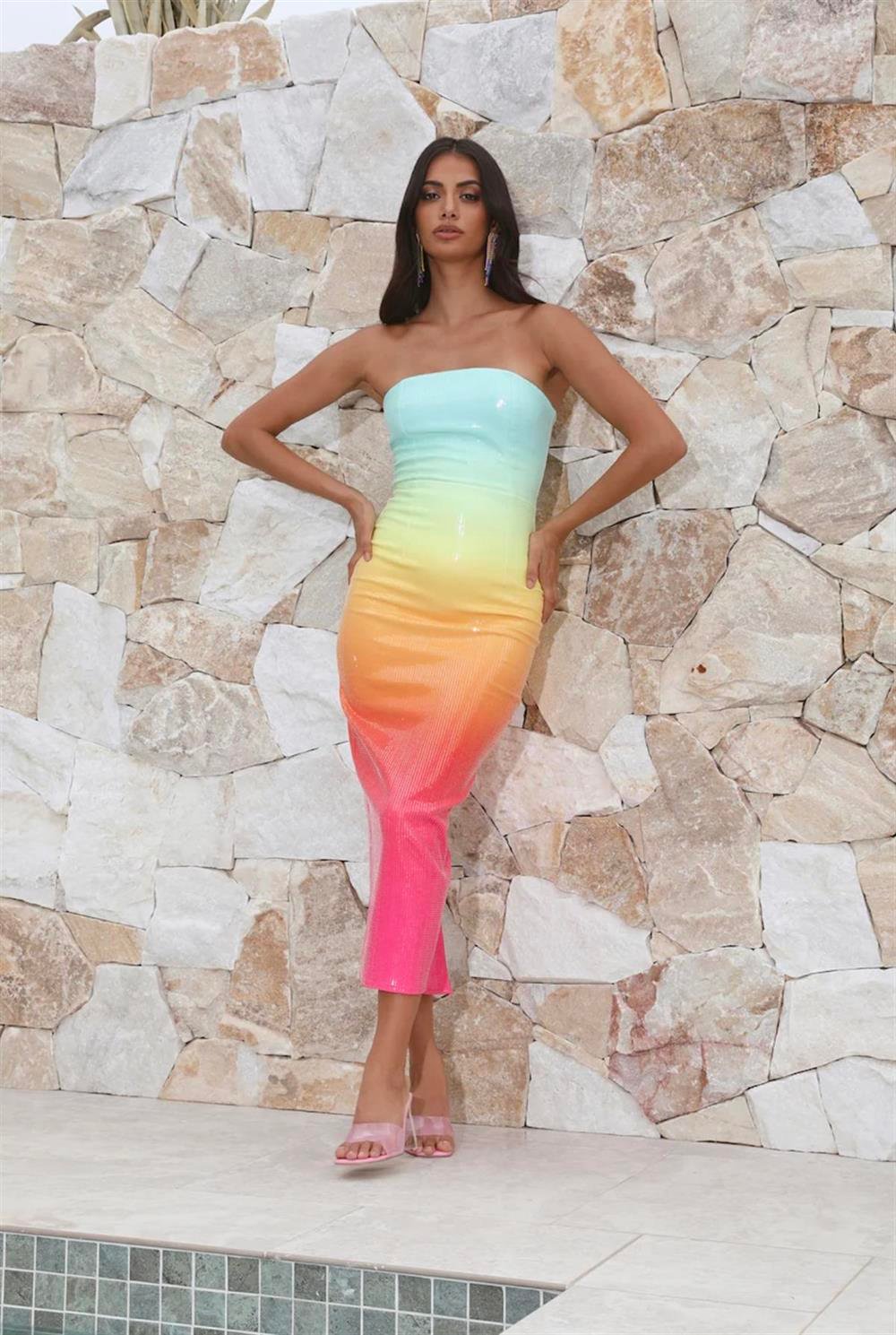 Pullu Straplez Midi Elbise