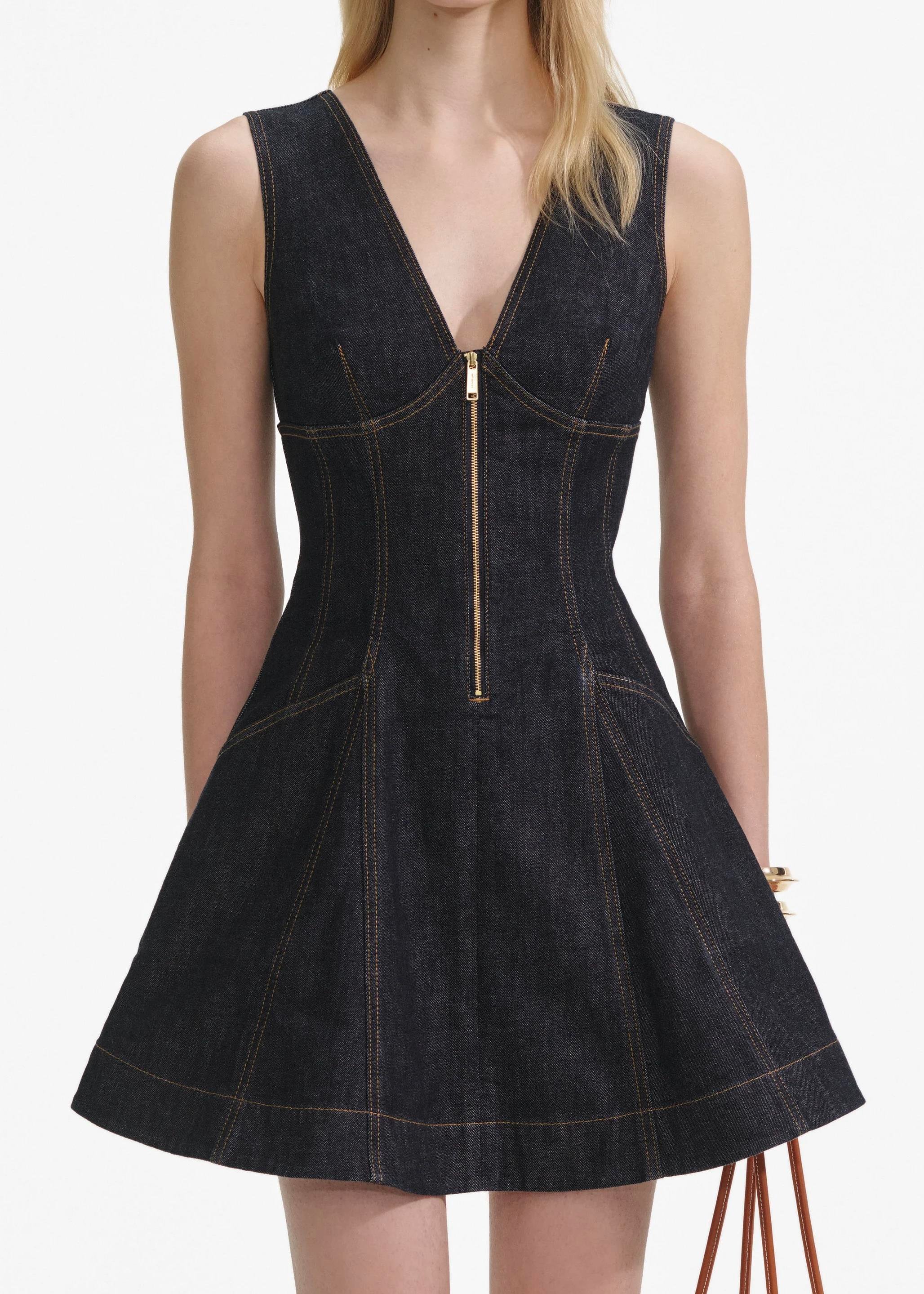 V Yaka Denim Mini Elbise