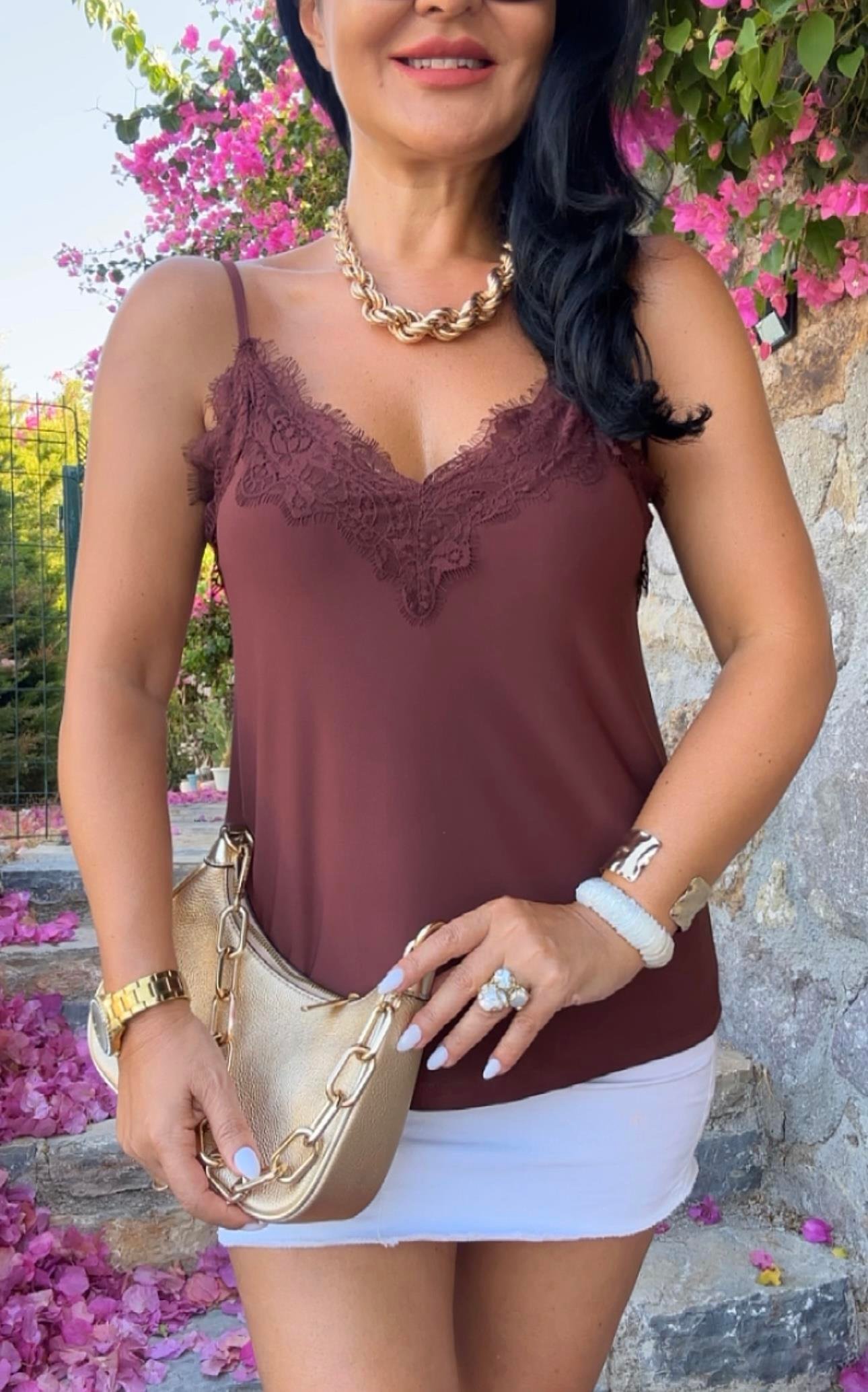 2547  Çikolata kahve ip askılı  bluz 2547