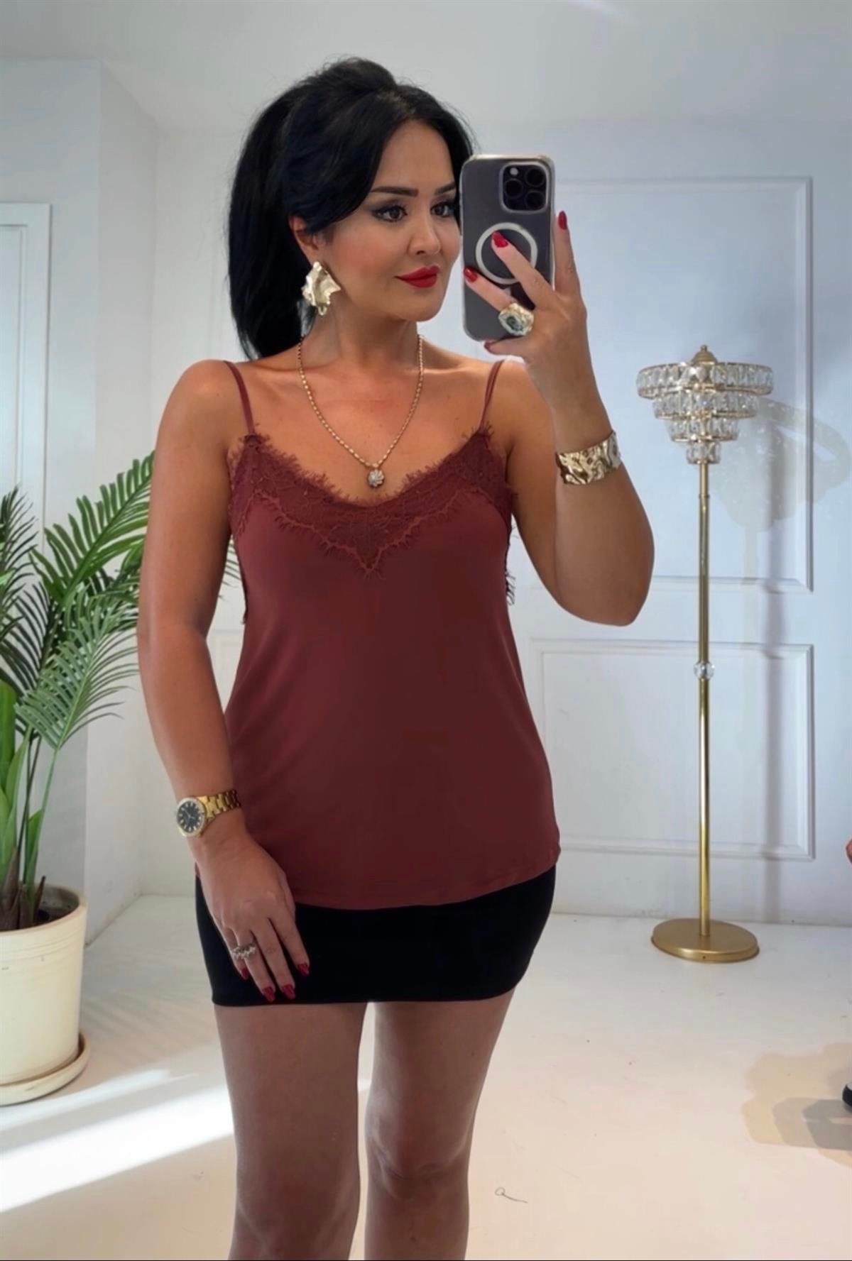 2547 Kiremit desen   ip askılı bluz jrtjhgfjy