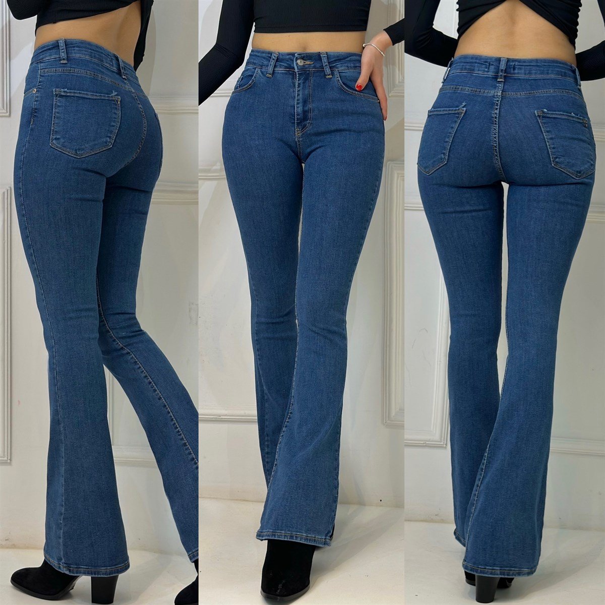 2633  KOYU  MAVİ ISPANYOL   PAÇA PANTOLON5645RFEDF