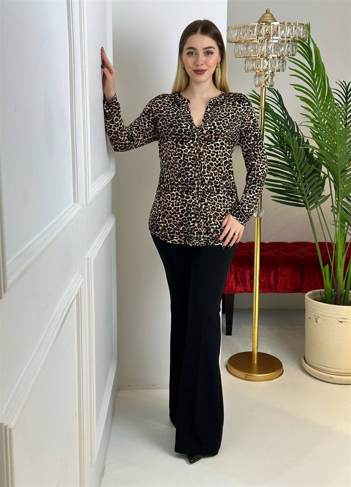 3609  leopar uzun kol gömlekTFUF