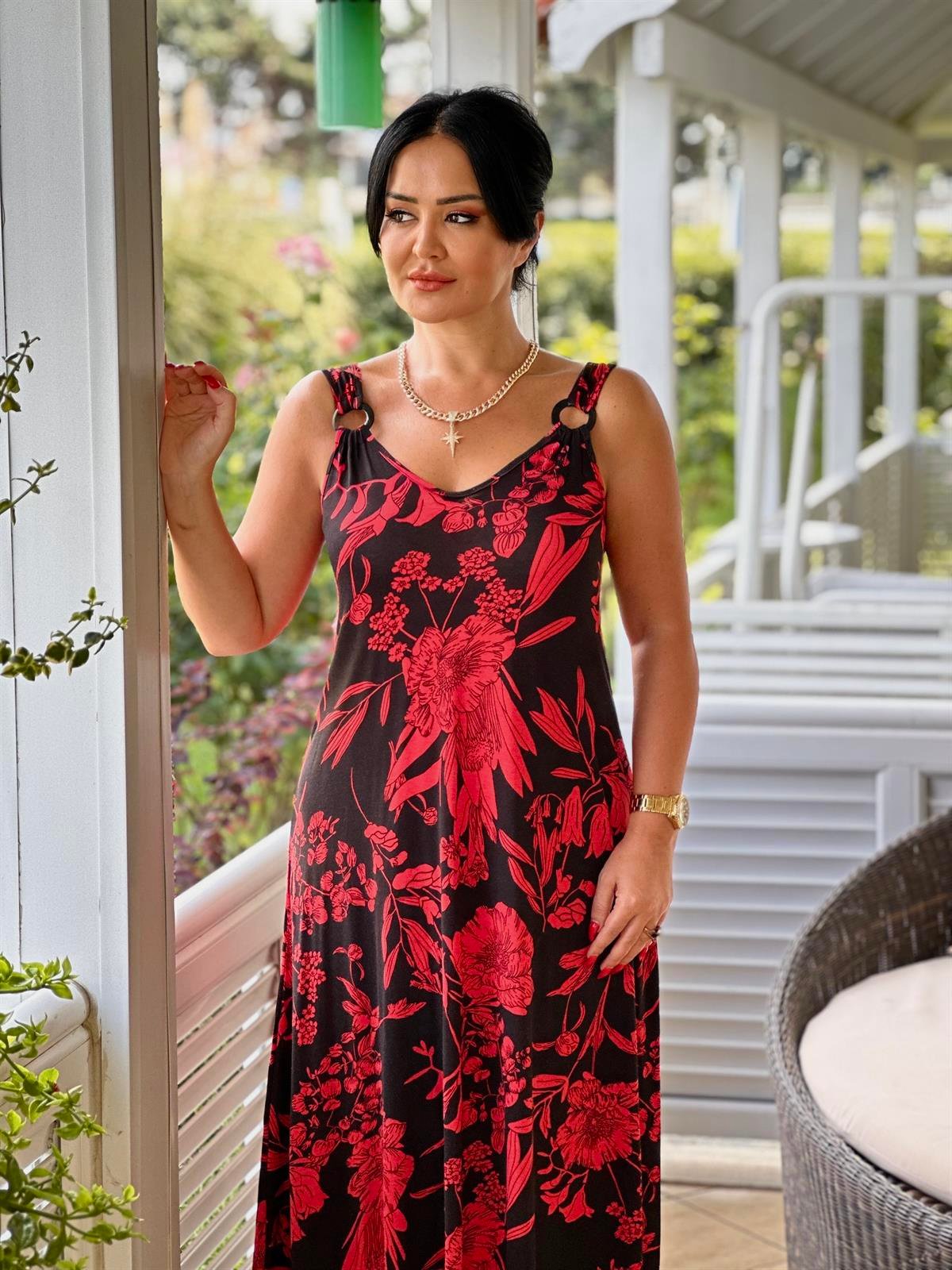 3622   KIRMIZI DESENLİ  HALKA DETAYLI ASİMETRİK ELBİSEJRHURFT7RFTGFUY