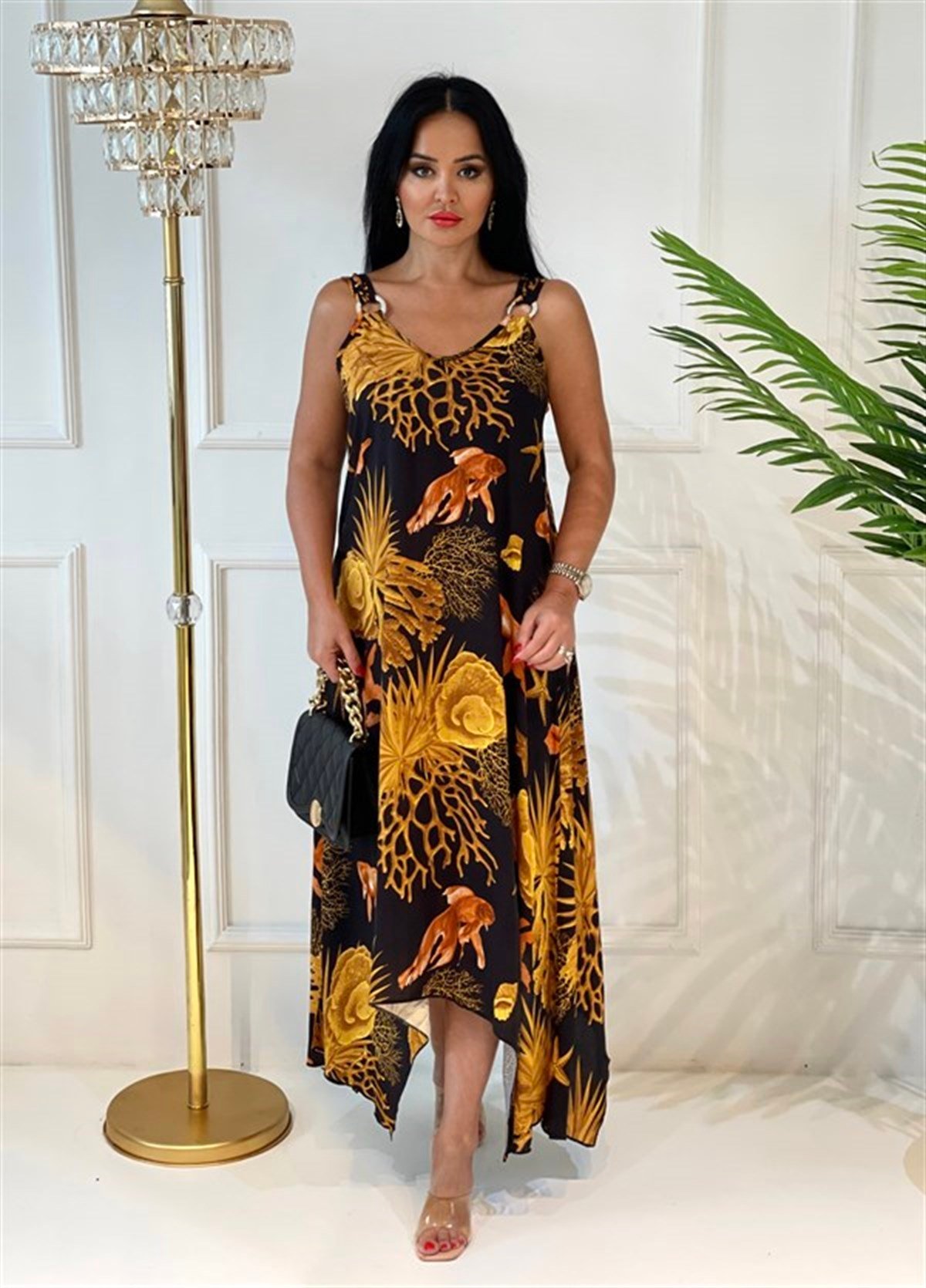 3625 iki omuzu halka detaylı turuncu  elbiserytdh