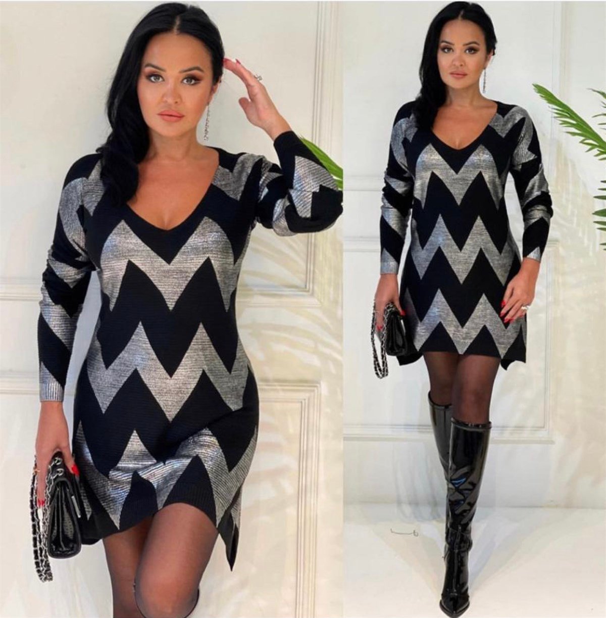 3628 gümüş büyük zikzak triko tunik Kemdmsmdm