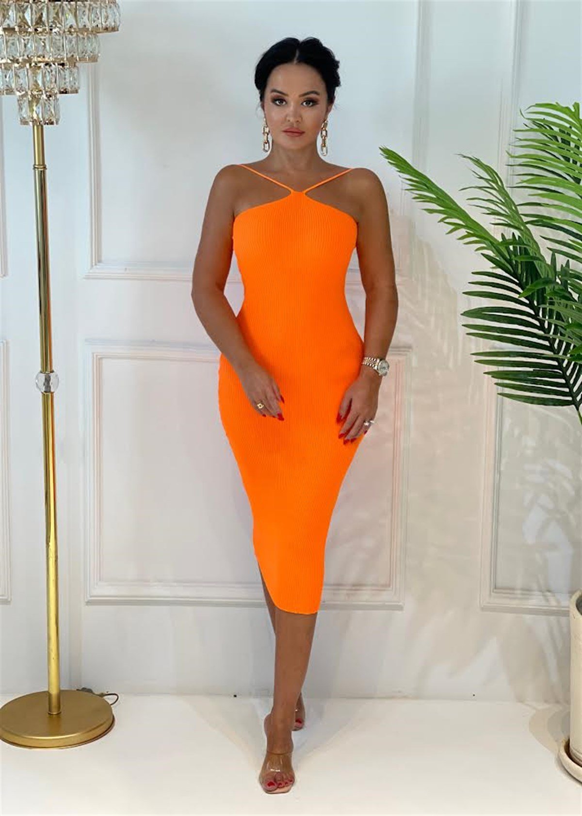 3644 ip askılı turuncu  triko elbiseBejshsjsjs