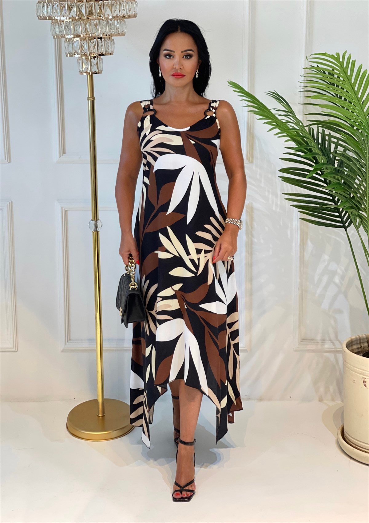 3648 kahve vizon yapraklı halka detaylı elbise JRHURFT7RFTGFUY