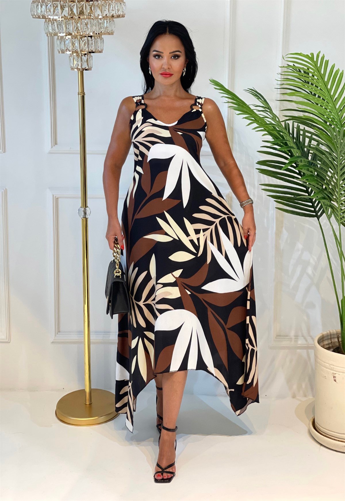 3648 kahve vizon yapraklı halka detaylı elbise JRHURFT7RFTGFUY