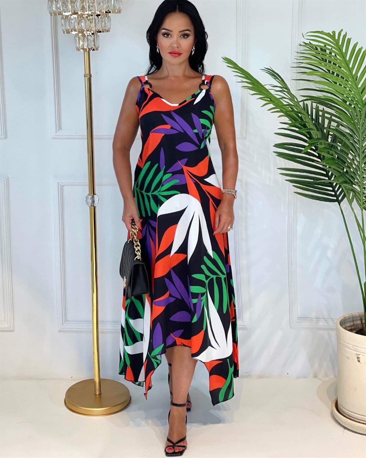 3648 mor turuncu yapraklı halka detaylı elbise JRHURFT7RFTGFUY