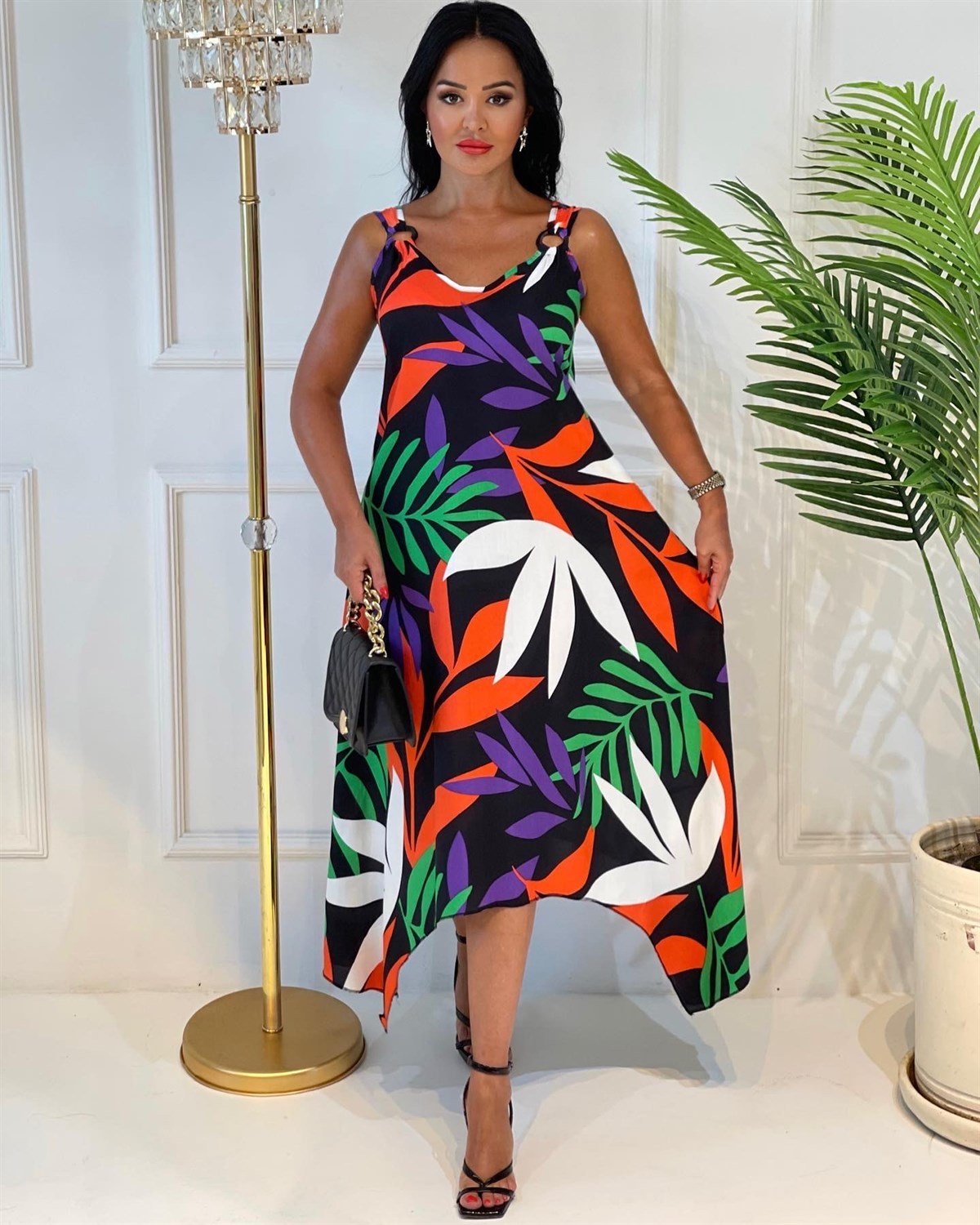 3648 mor turuncu yapraklı halka detaylı elbise JRHURFT7RFTGFUY