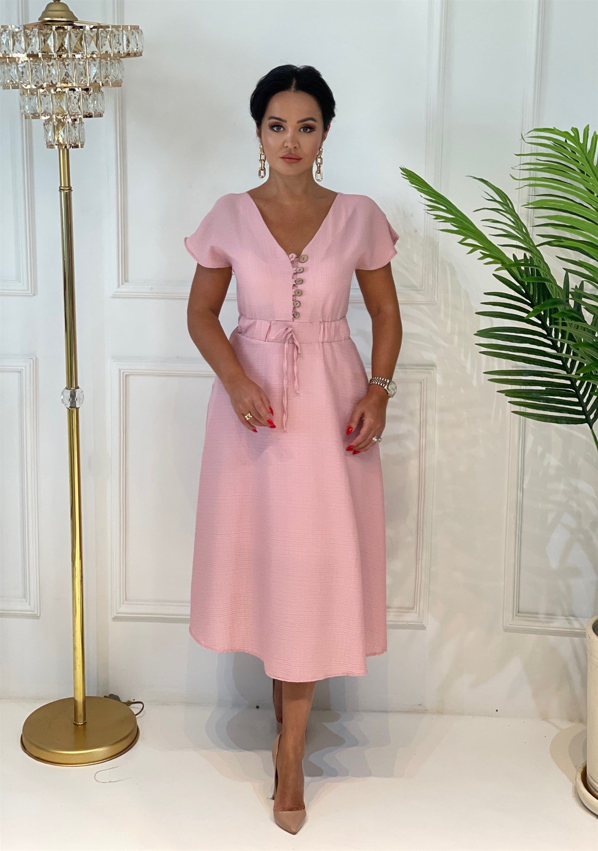 3649 pudra önü düğmeli beli lastikli elbise Fwlgştş