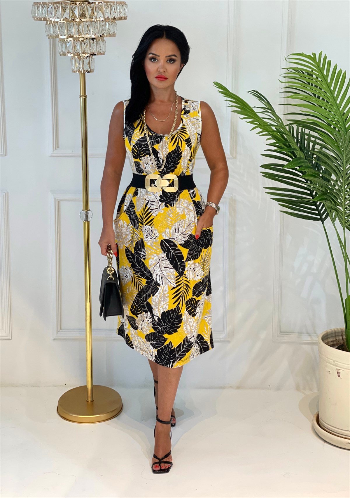 3651 sarı gri yaprak desenli elbiseJRHURFT7RFTGFUY