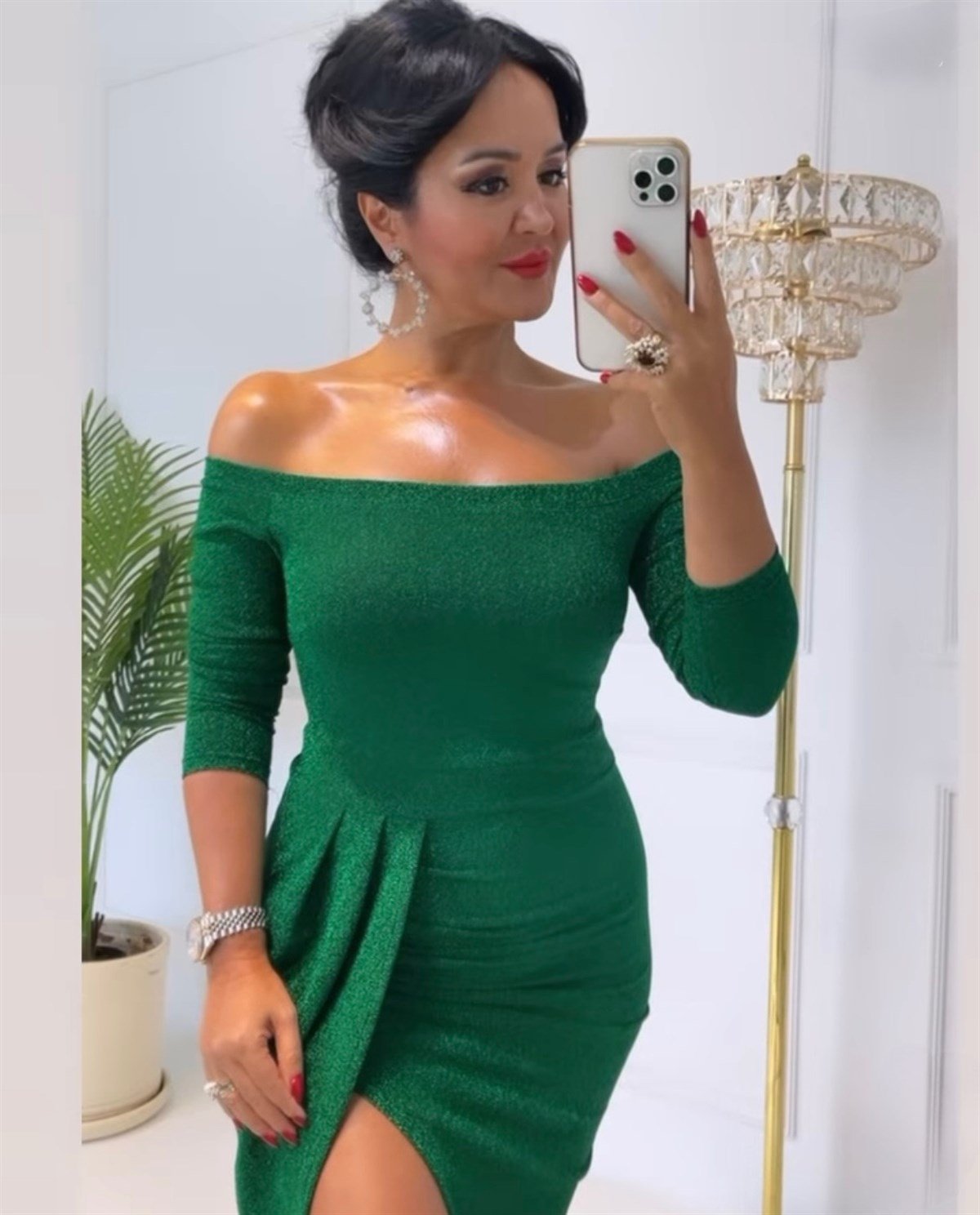 3661 yeşil uzun kol simli elbise JRHURFT7RFTGFUY