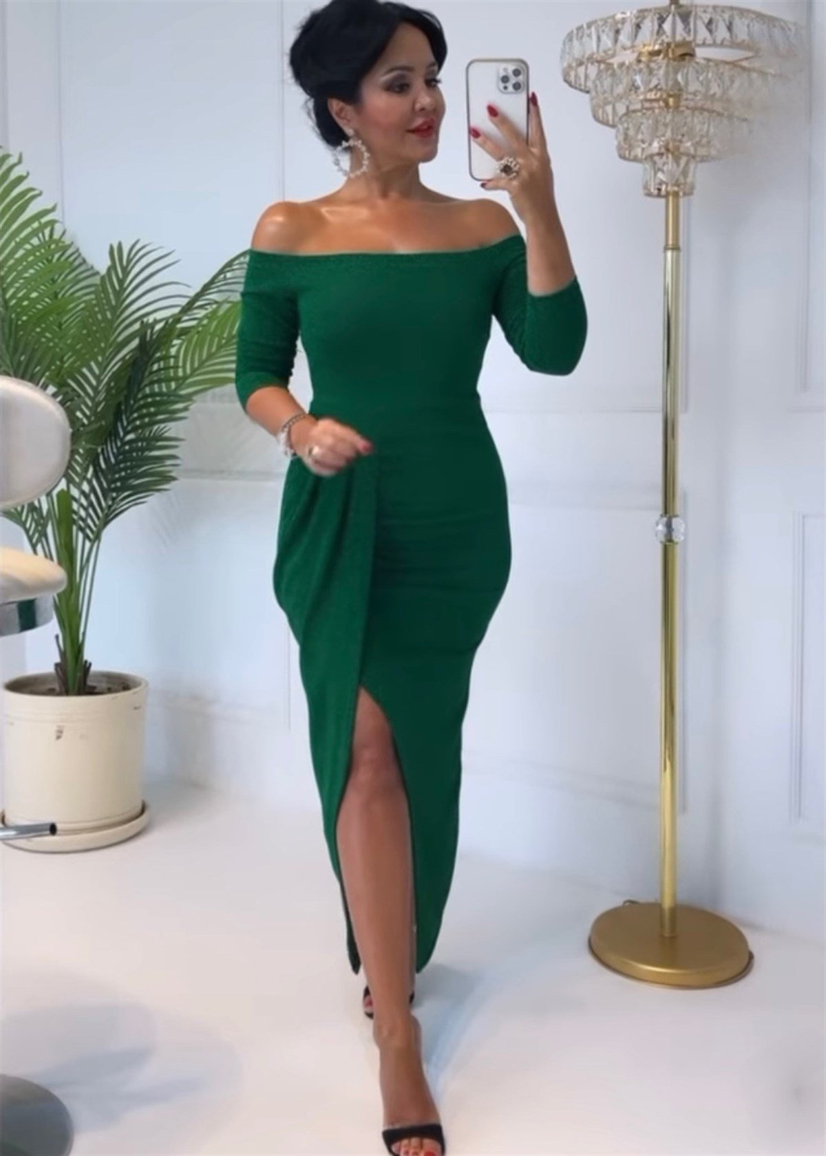 3661 yeşil uzun kol simli elbise JRHURFT7RFTGFUY